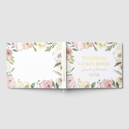 Elegante Blush Pink Blütencreme Custom Gold Foil H Gästebuch (Voll)