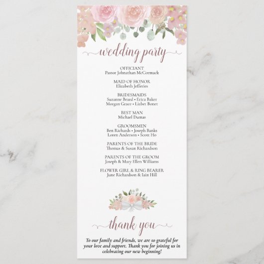 Elegante Blush Pink Boho Hochzeit mit floraler Was Programm (Rückseite)