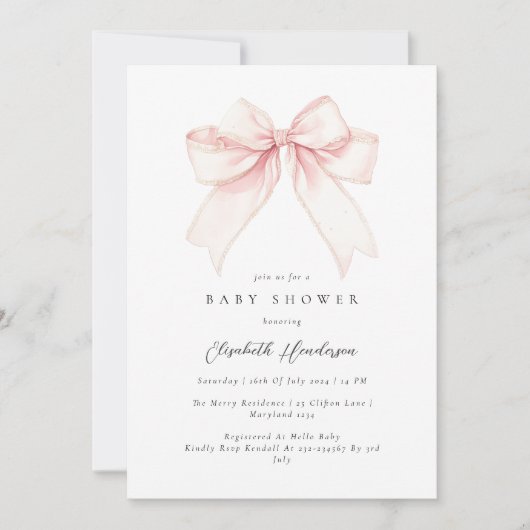 Elegante Blush Pink Bow Baby Dusche Einladung (Vorderseite)