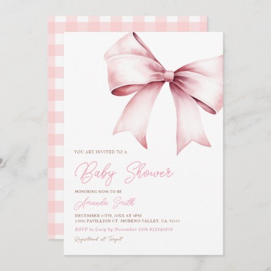 Elegante Blush Pink Bow Coquette Girl Baby Dusche Einladung (Vorne/Hinten)