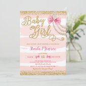 Elegante Blush Pink Bow Pearl Girly Baby Shower Einladung (Stehend Vorderseite)