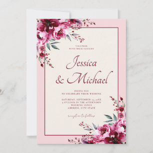 Elegante Blush Pink Burgundy Bloral Wedding Einladung