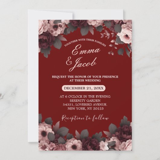 Elegante Blush Pink Burgundy Boho Floral Wedding Einladung (Vorderseite)