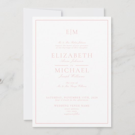 Elegante Blush Pink Classic Script Monogram Weddin Einladung (Vorderseite)