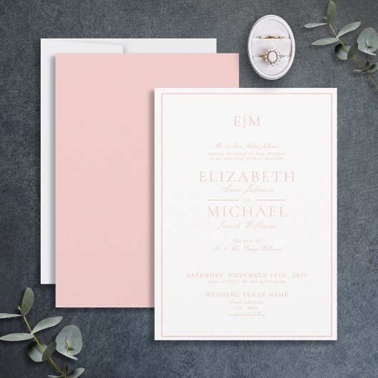 Elegante Blush Pink Classic Script Monogram Weddin Einladung