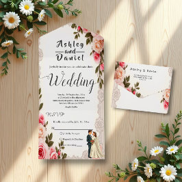 Elegante Blush Pink Couple Summer Floral Wedding All In One Einladung