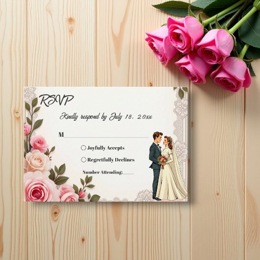 Elegante Blush Pink Couple Summer Floral Wedding RSVP Karte