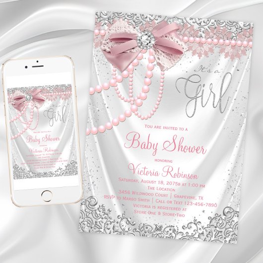 Elegante Blush Pink Diamond Pearl Girly Babydusche Einladung