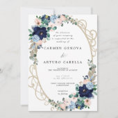 Elegante Blush Pink Dusty Blue Floral Wedding Einladung (Vorderseite)