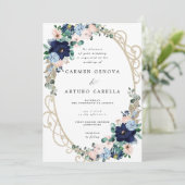 Elegante Blush Pink Dusty Blue Floral Wedding Einladung (Stehend Vorderseite)