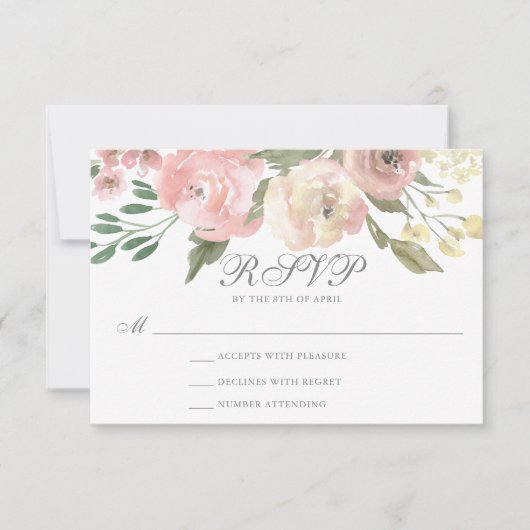 Elegante Blush Pink Elfenbeinblütenhochzeit RSVP Karte (Vorderseite)