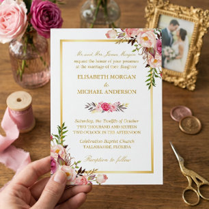 Elegante Blush Pink Floral Chic Goldene Hochzeit Einladung