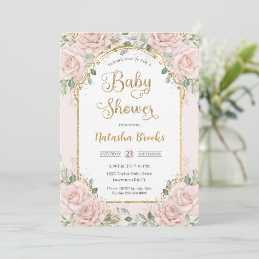 Elegante Blush Pink Floral Girl Babydusche Einladung (Stehend Vorderseite)