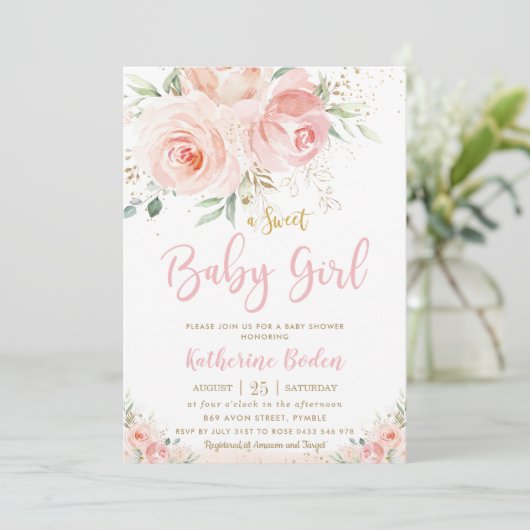 Elegante Blush Pink Floral Gold Girl Babydusche Einladung (Stehend Vorderseite)