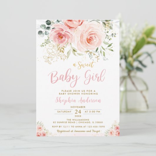 Elegante Blush Pink Floral Gold Girl Babydusche Einladung (Stehend Vorderseite)
