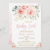 Elegante Blush Pink Floral Gold Girl Babydusche Einladung (Vorne/Hinten)