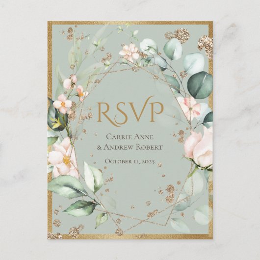 Elegante Blush Pink Floral Gold Green Wedding Postkarte (Vorderseite)