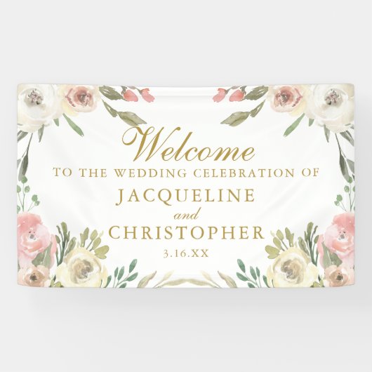 Elegante Blush Pink Floral Gold Script Hochzeit Banner (Horizontal)