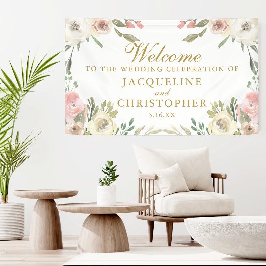 Elegante Blush Pink Floral Gold Script Hochzeit Banner