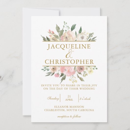 Elegante Blush Pink Floral Gold Script Hochzeit Einladung (Vorderseite)