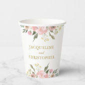Elegante Blush Pink Floral Gold Script Hochzeit Pappbecher (Vorderseite)