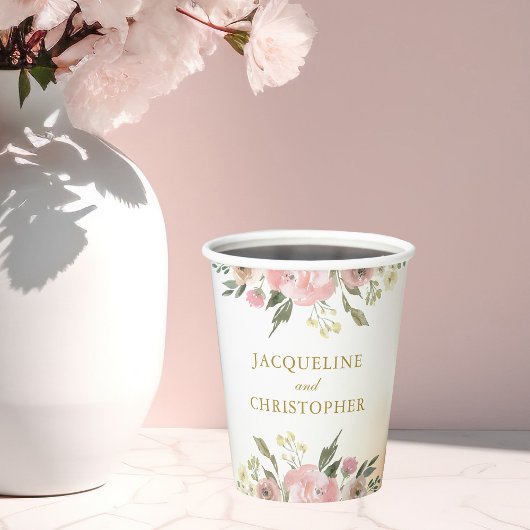Elegante Blush Pink Floral Gold Script Hochzeit Pappbecher