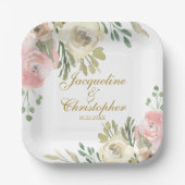 Elegante Blush Pink Floral Gold Script Hochzeit Pappteller (Vorderseite)