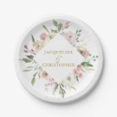 Elegante Blush Pink Floral Gold Script Hochzeit Pappteller (Vorderseite)