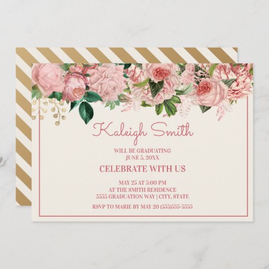 Elegante Blush Pink Floral Graduation Party Einladung (Vorne/Hinten)