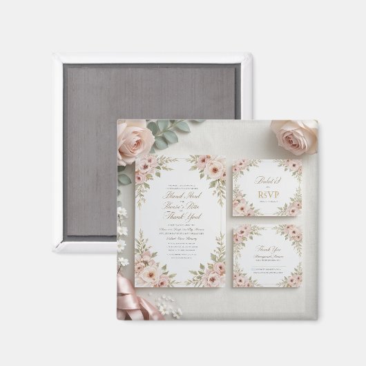 Elegante Blush Pink Floral Wedding Invitation Suit Magnet (Vorderseite/Rückseite)