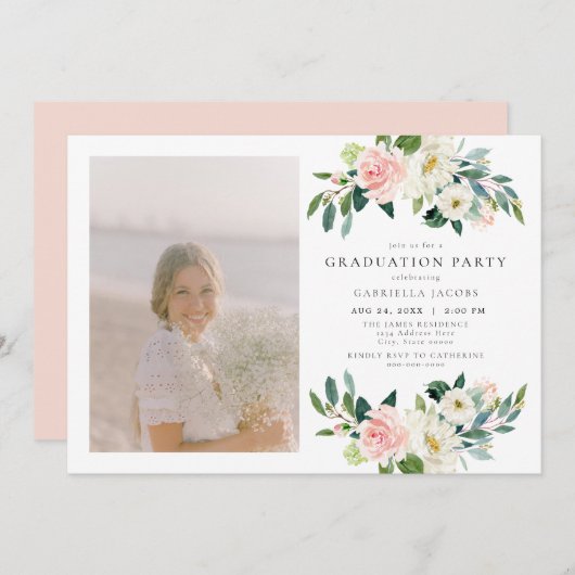 Elegante Blush Pink Foto Graduation Party Einladung (Vorne/Hinten)