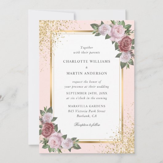 Elegante Blush Pink Gold Confetti Hochzeit Einladung (Vorderseite)