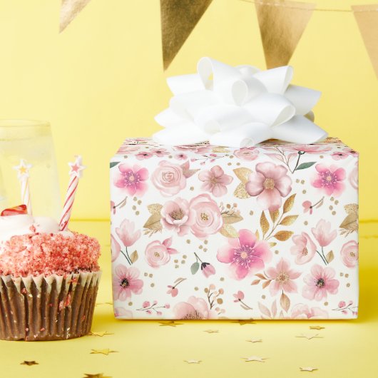 Elegante Blush Pink & Gold Floral Baby Dusche Geschenkpapier (Geburtstagsparty)