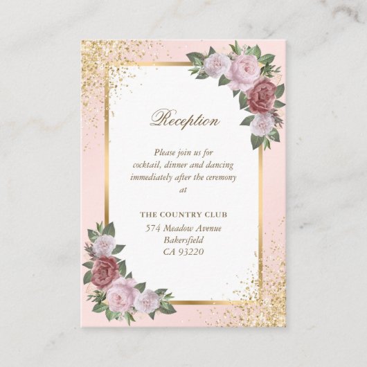 Elegante Blush Pink Gold Floral Hochzeitsempfang Begleitkarte (Vorderseite)