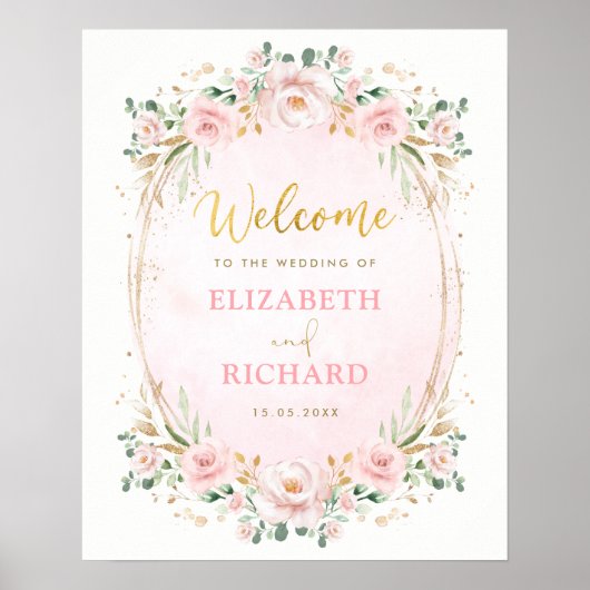 Elegante Blush Pink Gold Floral Wedding Willkommen Poster (Vorne)