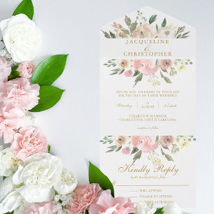 Elegante Blush Pink Gold Peony Floral Wedding All In One Einladung