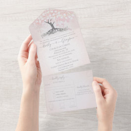Elegante Blush Pink Heart Leaf Tree Wedding All In One Einladung