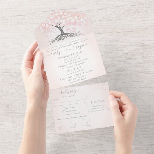 Elegante Blush Pink Heart Leaf Tree Wedding All In One Einladung (Abreißen)