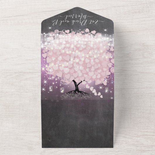 Elegante Blush Pink Heart Leaf Tree Wedding All In One Einladung (Außenbereich)