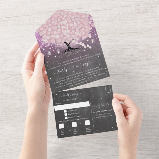 Elegante Blush Pink Heart Leaf Tree Wedding All In One Einladung (Abreißen)