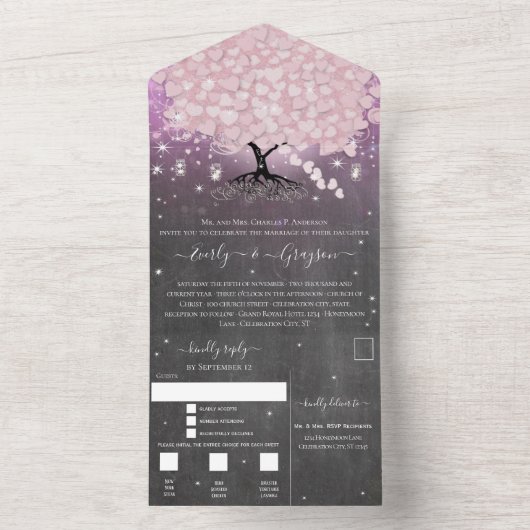 Elegante Blush Pink Heart Leaf Tree Wedding All In One Einladung (Innen Boden)