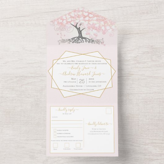 Elegante Blush Pink Heart Leaf Tree Wedding All In One Einladung (Innen Boden)