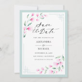 Elegante Blush Pink Mint Wasserfarbe Blumenhochzei Save The Date (Vorderseite)
