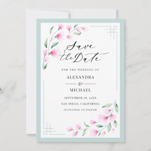 Elegante Blush Pink Mint Wasserfarbe Blumenhochzei Save The Date (Vorderseite)