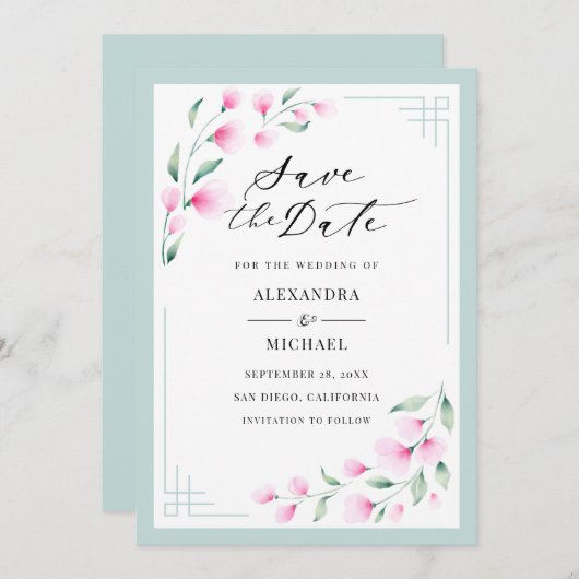 Elegante Blush Pink Mint Wasserfarbe Blumenhochzei Save The Date (Vorne/Hinten)