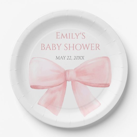 Elegante Blush Pink Pastel Bow Girl Babydusche Pappteller (Vorderseite)