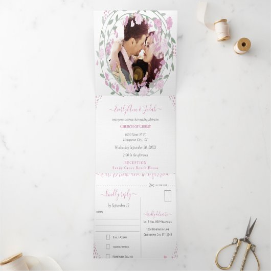 Elegante Blush Pink Peony Floral Wedding Dreifach Gefaltete Einladung (Innenseite)