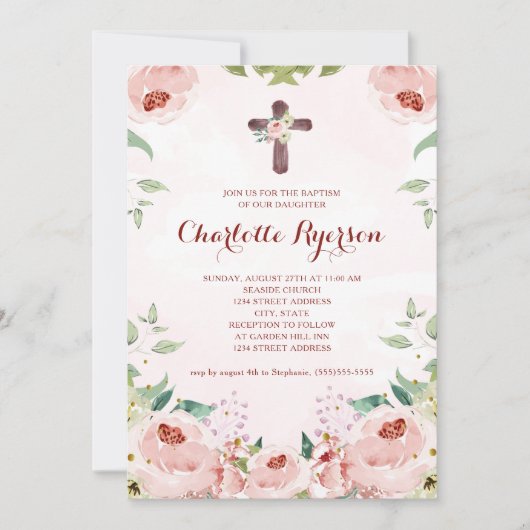 Elegante Blush Pink Rose Bloral Taufe Einladung (Vorderseite)