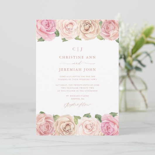 Elegante Blush Pink Rose Blumenhochzeit Einladung (Stehend Vorderseite)