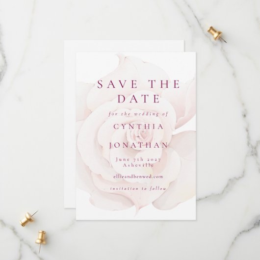 Elegante Blush Pink Rose Blumenhochzeit Save The Date (Vorderseite/Rückseite Beispiel)